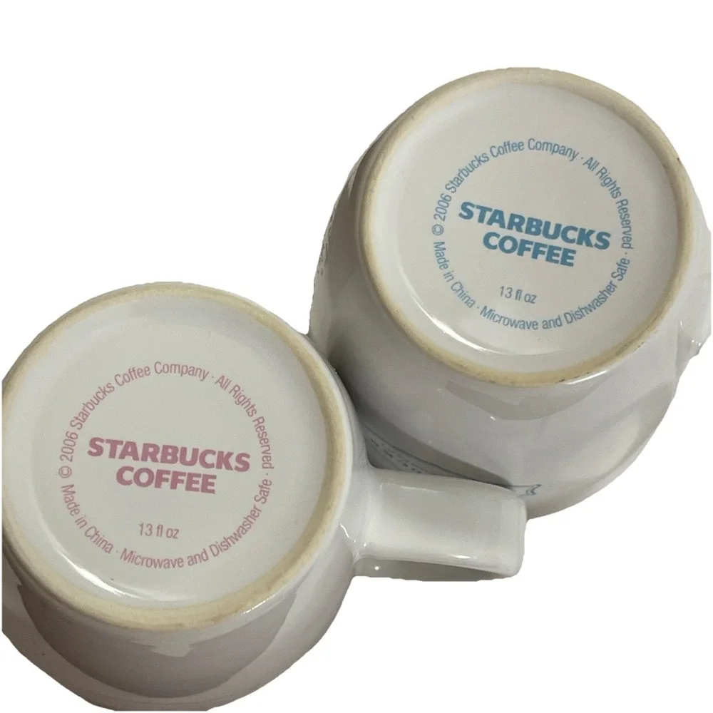 2 Starbucks Est. 1971 Abbey‎ Logo White Pink Blue Coffee Cup 13 oz. 2006 Wedding